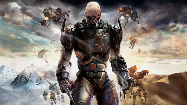 Enemy Territory Quake Wars: a half-flesh, half-cyborg creature stands in the middle, as spaceships and marines mobilize behind them.