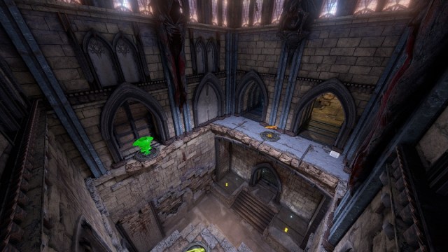 Quake Champions: a gothic, square room that looks like a dark church.