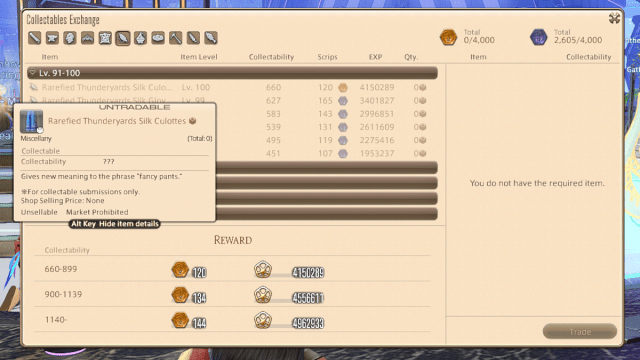 Collectables interface in Final Fantasy XIV