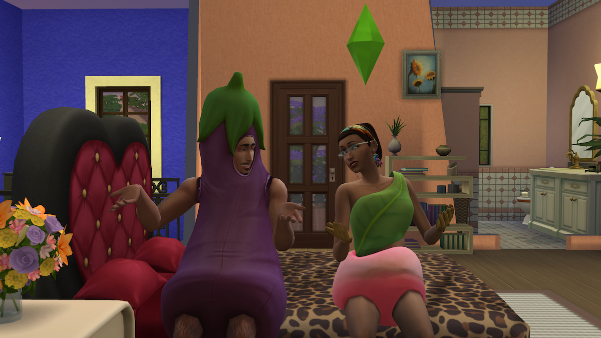 Eggplant and peach costumes in Sims 4 Lovestruck