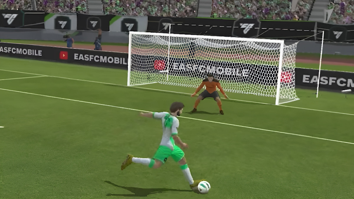 An image of a forward player shooting while the goalie defends in FC Mobile.