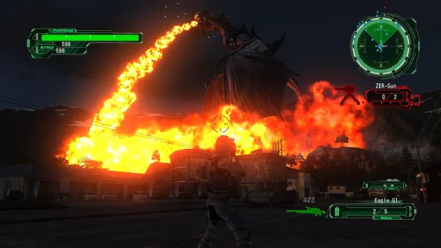 Earth Defense Force 6 Siren breathes fire.