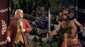 A screenshot of Benjamin Franklin and Ahsoka facing off in Civilization 7.