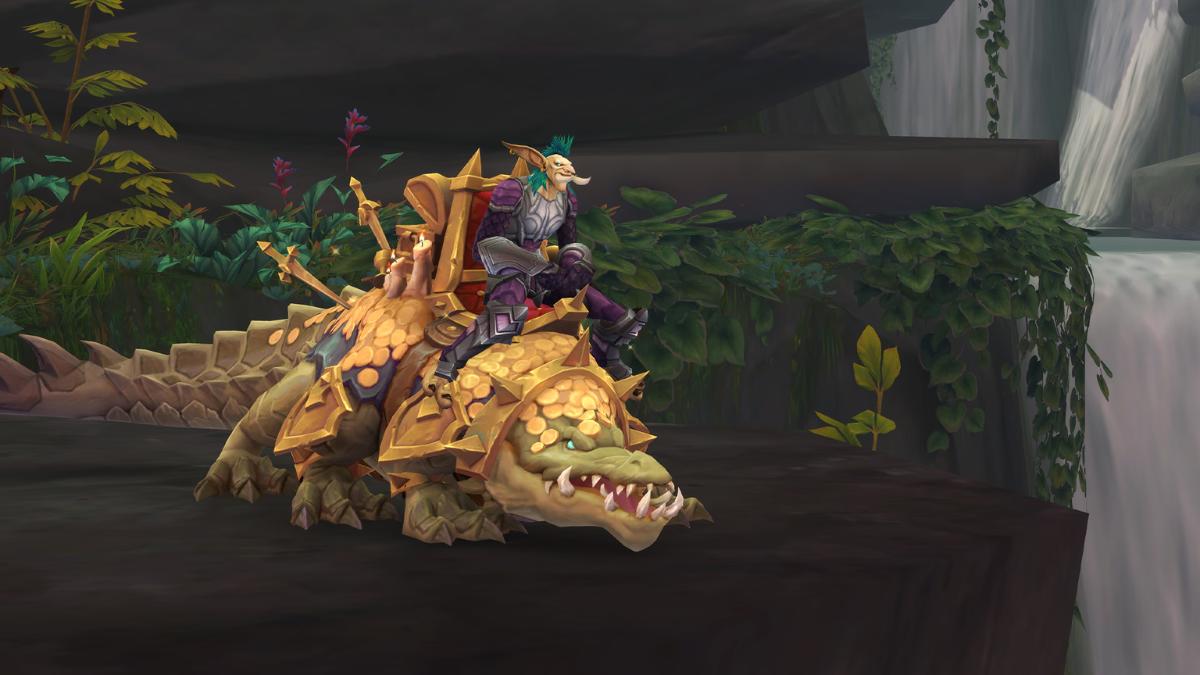 A crocolisk mount covered in treasure with a troll rider