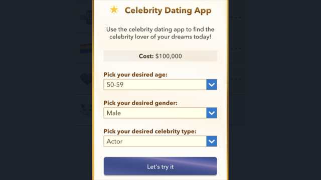 BitLife celebrity dating app menu