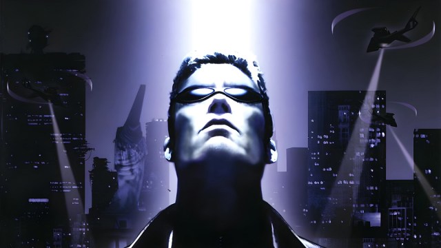 Deus Ex: JC Denton looks up as a light descends on his face.