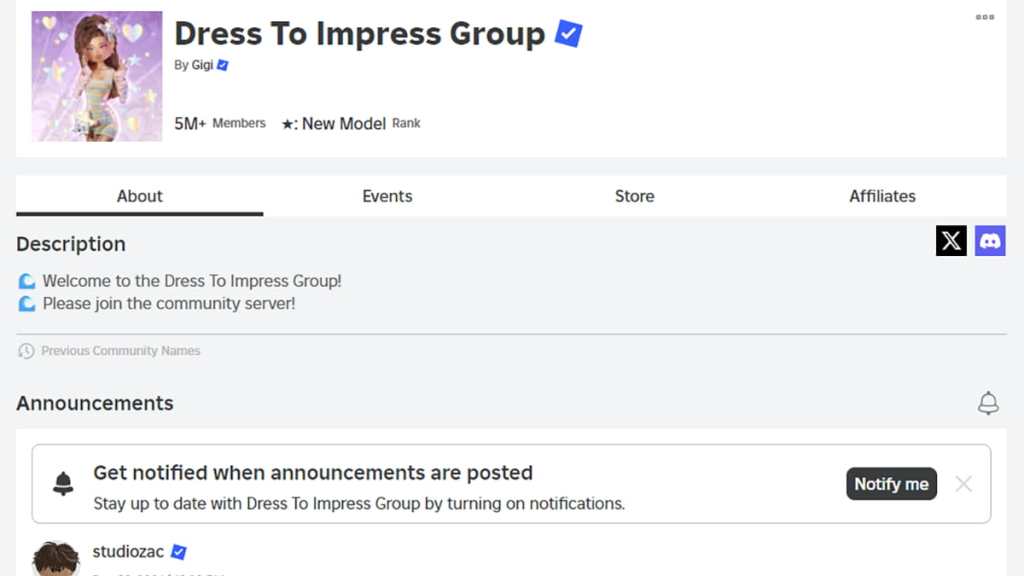 Dress to Impress Roblox group page