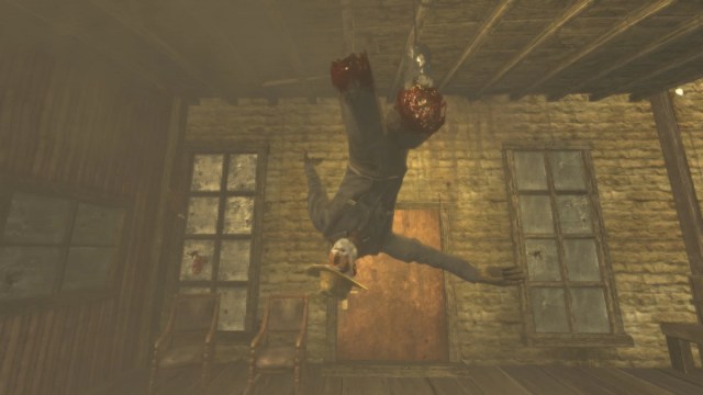 Fallout New Vegas: an NPC flips into the air with no legs as they explode.