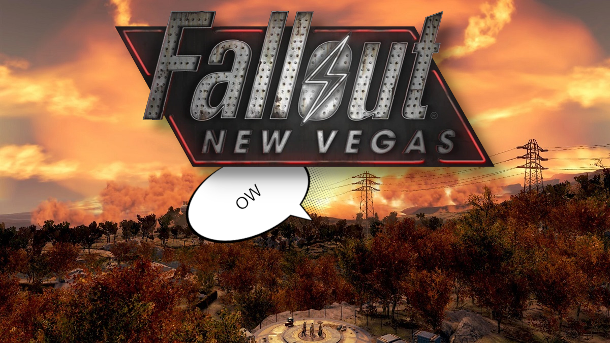 Fallout New Vegas logo with an nuclear explosion in the background and the words "ow" written in a speech bubble.