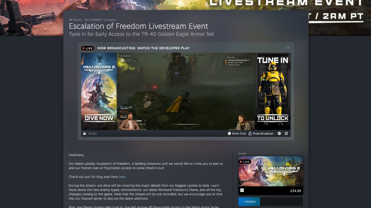 helldivers 2 escalation of freedom livestream event