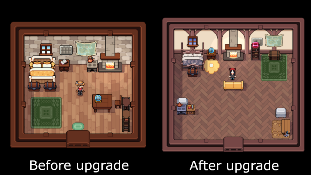 Before and after the House Upgrade in Fields of Mistria