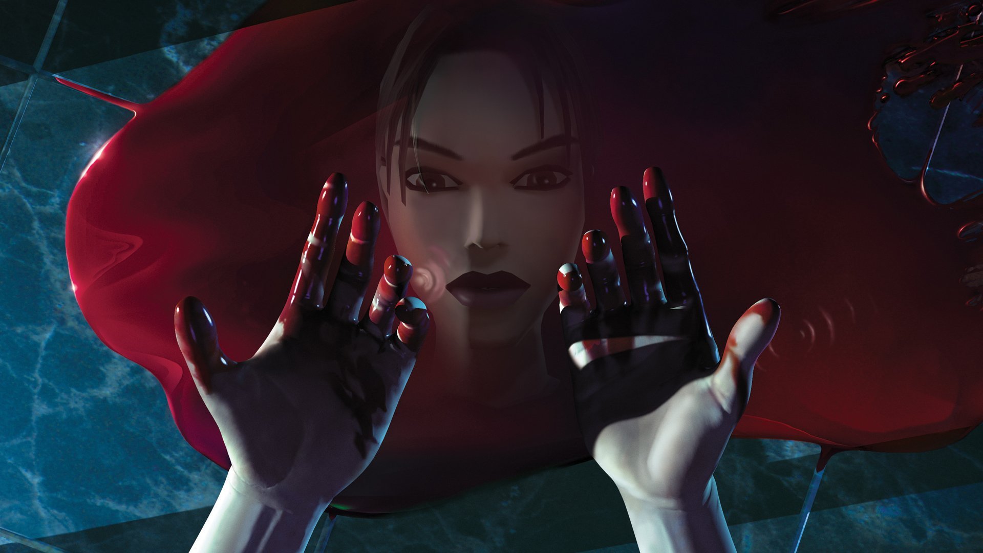 Lara's hands covered in blood