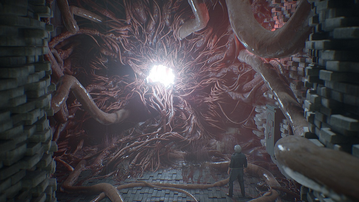 Post Trauma: a man looks up a giant mass of flesh with tentacles and a light emitting from its center.