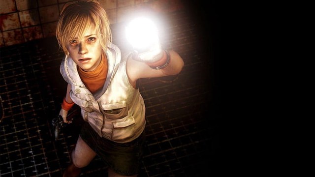 Silent Hill 3: Heather Mason looks up in the dark, shining a flashlight.