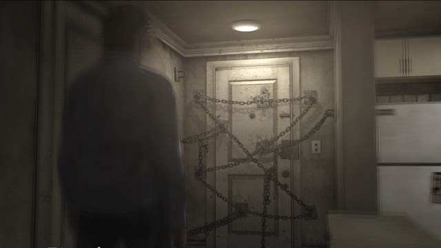 Silent Hill 4 The Room: a blurry man in an apartment looks at a door that's chained up.