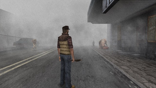 Silent Hill Origins: a man stands in a foggy street as grotesque monsters shuffle about in the distance.