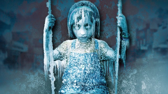 Silent Hill Shattered Memories: a frozen girl with no pupils sits on an icy swing.