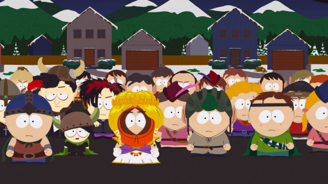 Princess Kenny, Stan, and an angry mod in South Park: The Stick of Truth