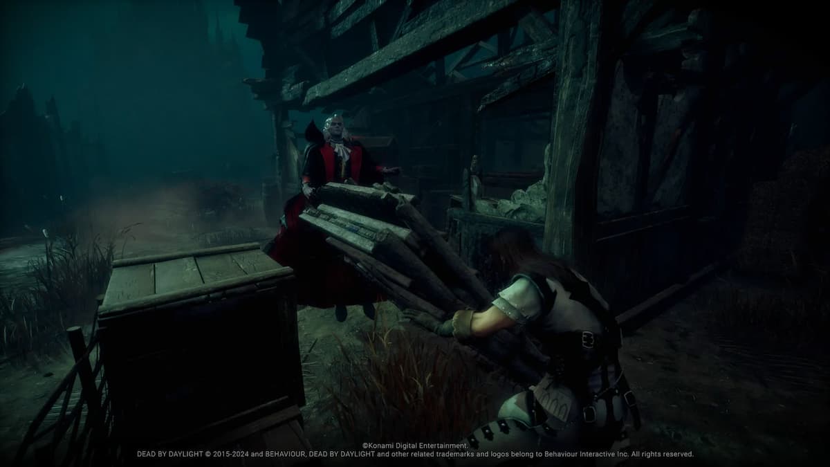 Trevor Belmont dropping a pallet on the Dark Lord in Dead by Daylight.