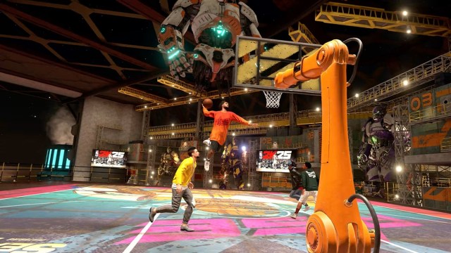 A MyPlayer performing a dunk in NBA 2k25. 