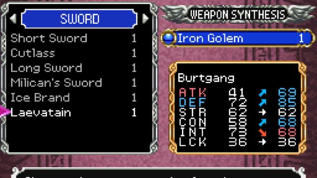 a menu of the Weapon Synthesis screen