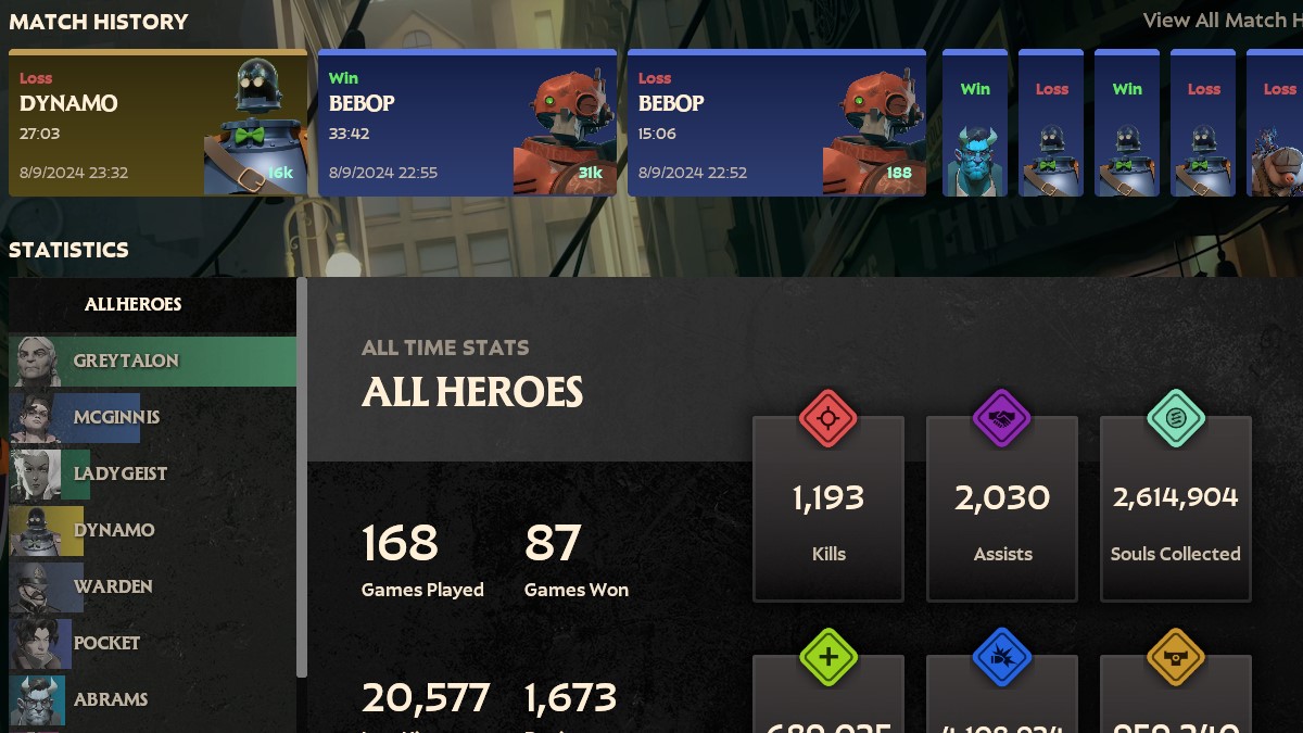 Deadlock Profile Stats Page and Match History