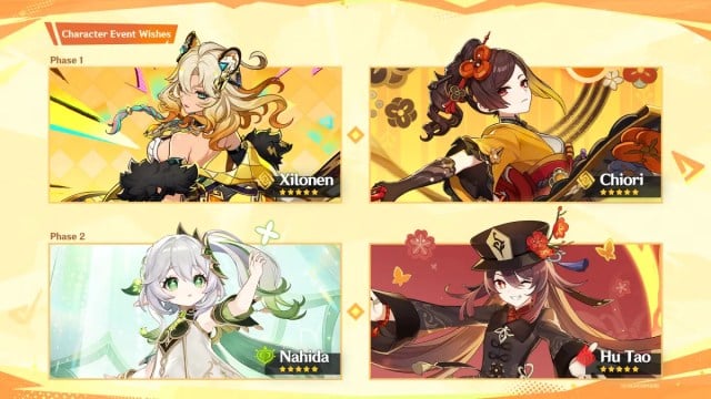 Genshin Impact 5.1 banners featuring Xilonen, Chiori, Nahida, and Hu Tao