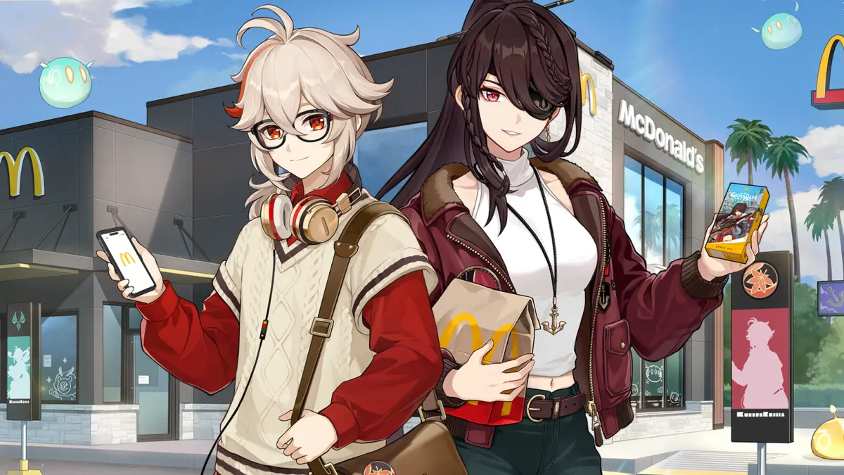 Kazuha and Beidou in front of McDonald's