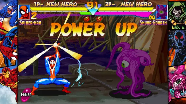 Spider-Man hits a Power-Up against Shuma-gorath in the Marvel vs. Capcom Fighting Collection.