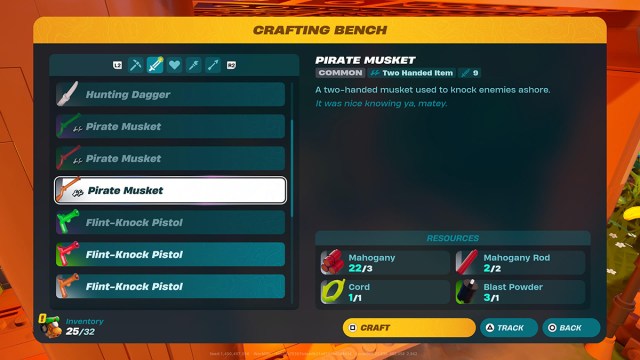 The crafting recipe for the Pirate Musket in LEGO Fortnite.