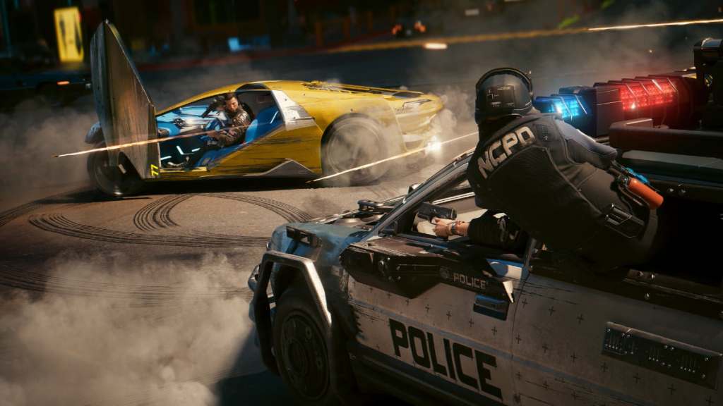 An image of a police chase in Cyberpunk 2077.