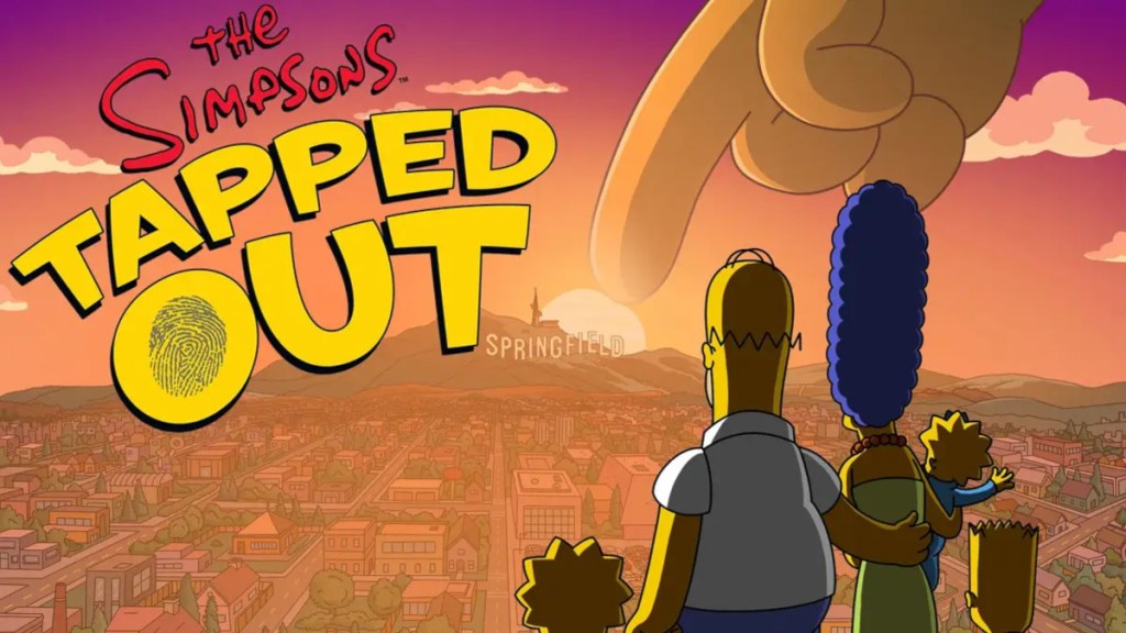 The Simpsons Tapped Out's final starting screen, showing the iconic finger pushing the sun down one last time.