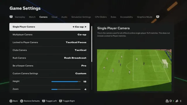 An image of camera settings in EA FC 25