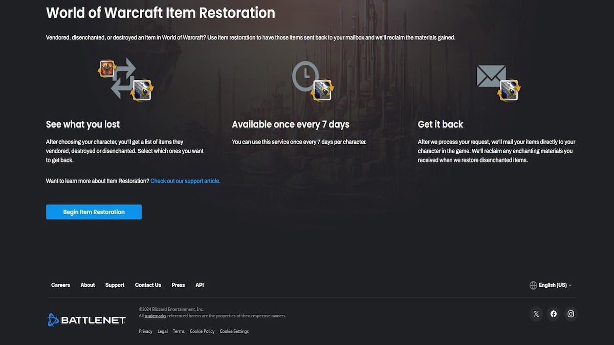 Item Restoration website for World of Warcraft