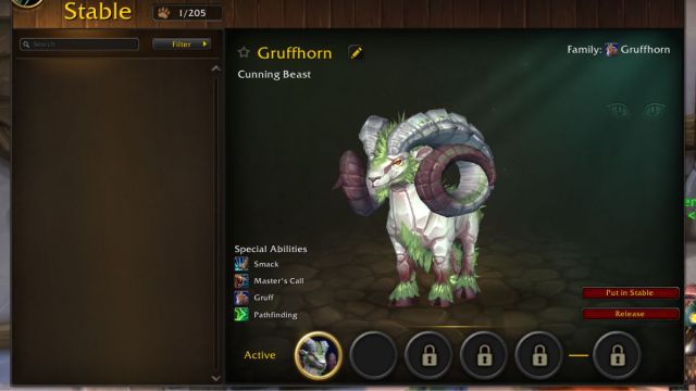 A Gruffhorn hunter pet on the hunter stable UI