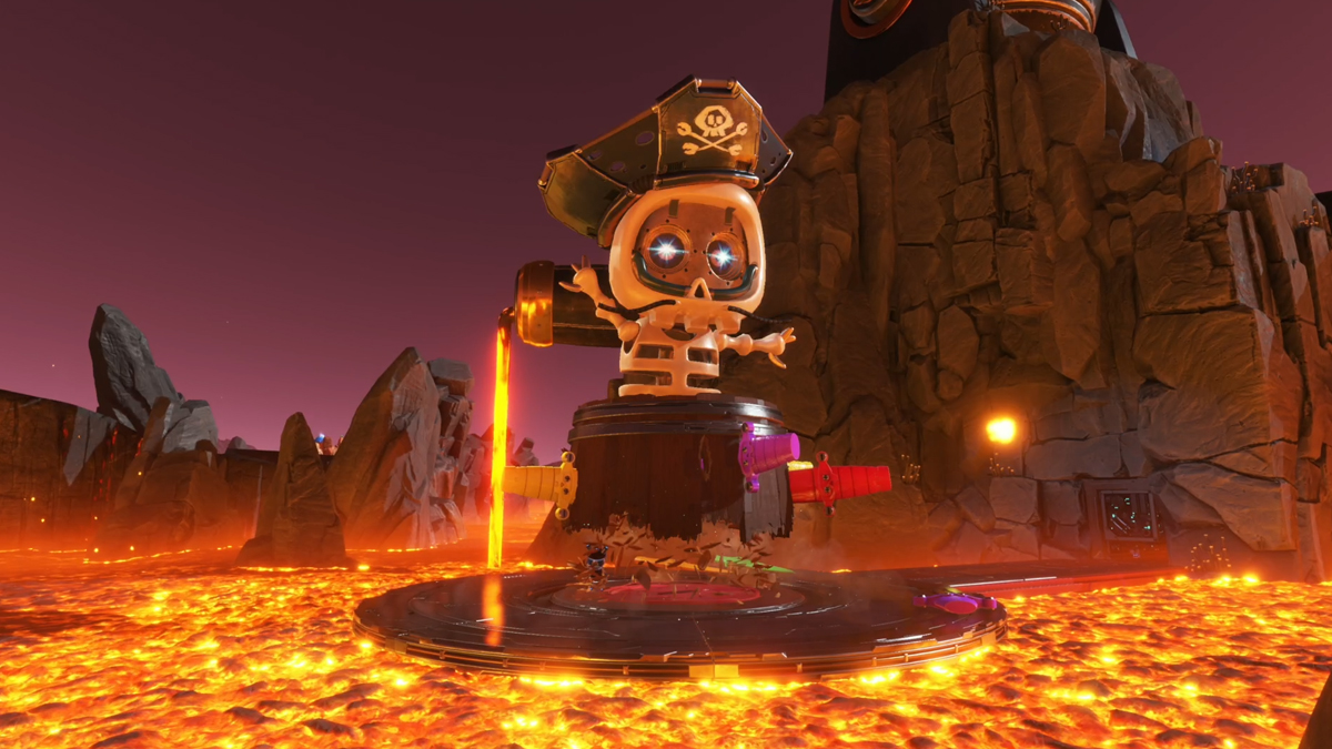 A large skeletal robot in a barrel, surrounded by lava.