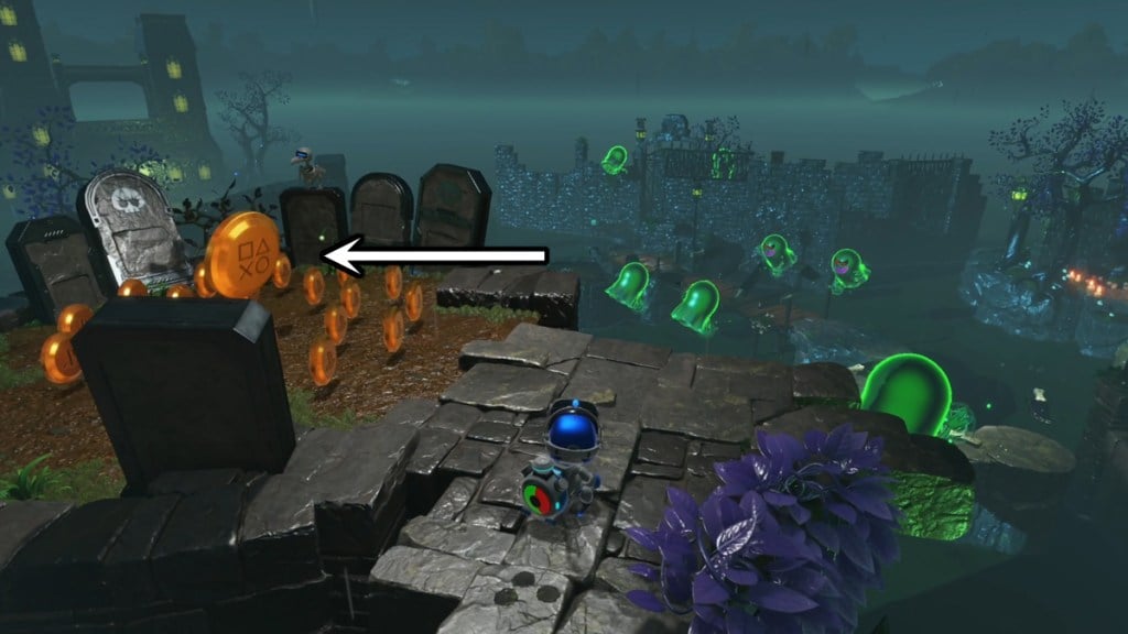 Astro Bot in next to a small graveyard full of coins with ghosts in the background.