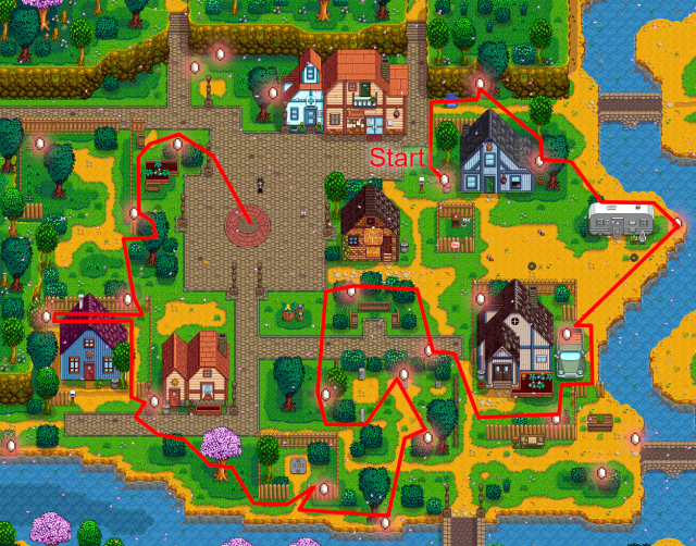 Optimized route to collect 18 eggs on odd years in Stardew Valley