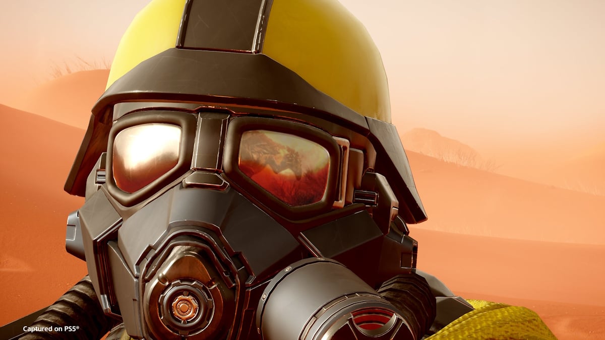 A closeup of a Helldiver's helmet from the CGI Helldivers 2 trailer.