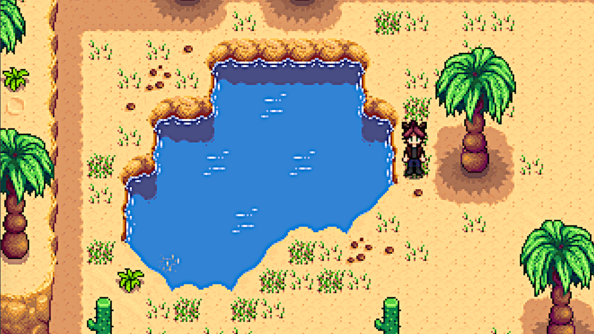 Sandfish can be caught in the pond at the Desert in Stardew Valley