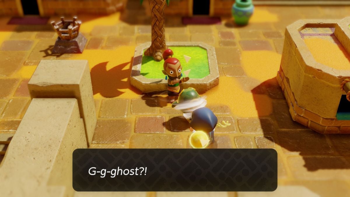 A Gerudo scared by the Tornado monster, confusing it for a ghost.