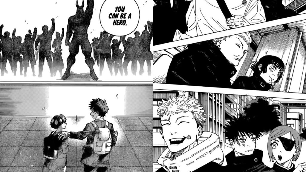 A panel from the final chapter of My Hero Academia and a panel from the final chapter of Jujutsu Kaisen.