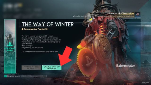 The reminder activation button for the Way of Winter scenario highlighted by an arrow in Once Human.