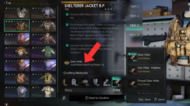 A player crafts gear at the workbench, with cold resistance highlighted by an arrow in Once Human.