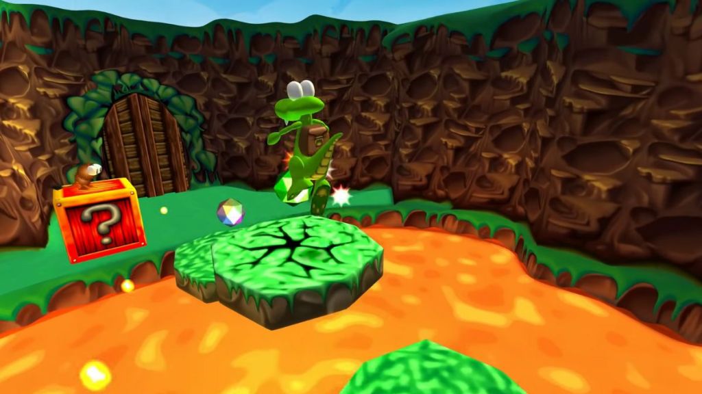 Croc jumping over a platform in Croc: Legend of the Gobbos remastered.