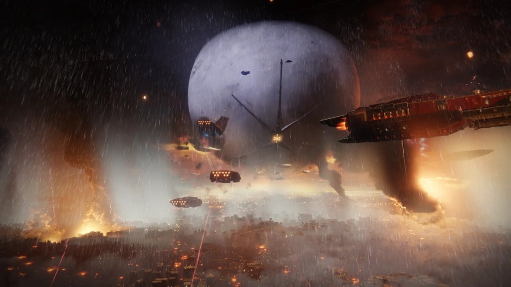 A screenshot of a scene from Destiny 2's Red War campaign showing the Traveler, captured.