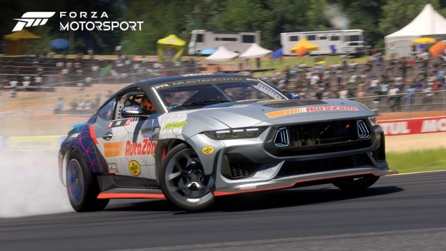 A picture of a custom-built drift Ford Mustang in Forza Motorsport.