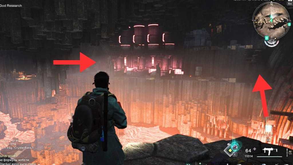 A giant cavern in Sunshroud Cave, with loot spots for Platinum Crystals highlighted by arrows.