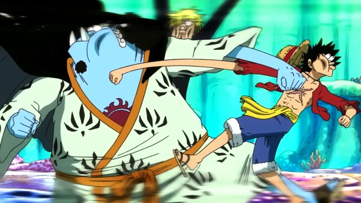 Luffy and Jimbei punching each other in One Piece