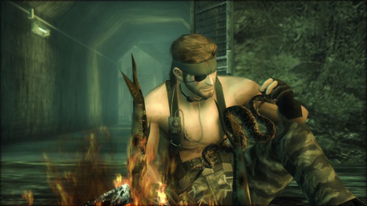 Naked Snake eating a snake in Metal Gear Solid 3 Snake Eater (directed by Hideo Kojima)